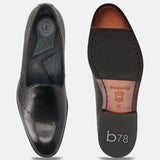A black Men's bugatti Venetian Loafers featuring a round toe plain toe, stacked heel. Made from premium genuine leather with a durable leather outsole, this slip-on design offers both style and comfort.