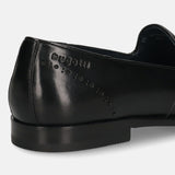 A black Men's bugatti Venetian Loafers featuring a round toe plain toe, stacked heel. Made from premium genuine leather with a durable leather outsole, this slip-on design offers both style and comfort.