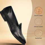 A black Men's bugatti Venetian Loafers featuring a round toe plain toe, stacked heel. Made from premium genuine leather with a durable leather outsole, this slip-on design offers both style and comfort.