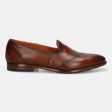 A cognac Men's bugatti Venetian Loafers featuring a round toe plain toe, stacked heel. Made from premium genuine leather with a durable leather outsole, this slip-on design offers both style and comfort.