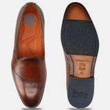 A cognac Men's bugatti Venetian Loafers featuring a round toe plain toe, stacked heel. Made from premium genuine leather with a durable leather outsole, this slip-on design offers both style and comfort.