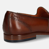 A cognac Men's bugatti Venetian Loafers featuring a round toe plain toe, stacked heel. Made from premium genuine leather with a durable leather outsole, this slip-on design offers both style and comfort.