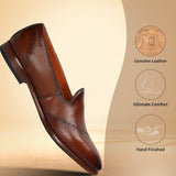 A cognac Men's bugatti Venetian Loafers featuring a round toe plain toe, stacked heel. Made from premium genuine leather with a durable leather outsole, this slip-on design offers both style and comfort.