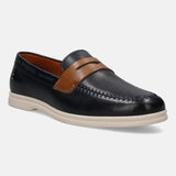 A blue Men's bugatti Loafers featuring a round apron toe, zero heels heel. Made from premium genuine leather with a durable tpr outsole, this slip-on design offers both style and comfort.