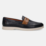 A blue Men's bugatti Loafers featuring a round apron toe, zero heels heel. Made from premium genuine leather with a durable tpr outsole, this slip-on design offers both style and comfort.