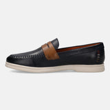 A blue Men's bugatti Loafers featuring a round apron toe, zero heels heel. Made from premium genuine leather with a durable tpr outsole, this slip-on design offers both style and comfort.