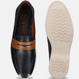 A blue Men's bugatti Loafers featuring a round apron toe, zero heels heel. Made from premium genuine leather with a durable tpr outsole, this slip-on design offers both style and comfort.