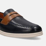 A blue Men's bugatti Loafers featuring a round apron toe, zero heels heel. Made from premium genuine leather with a durable tpr outsole, this slip-on design offers both style and comfort.