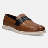 A cognac Men's bugatti Loafers featuring a round apron toe, zero heels heel. Made from premium genuine leather with a durable tpr outsole, this slip-on design offers both style and comfort.