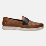 A cognac Men's bugatti Loafers featuring a round apron toe, zero heels heel. Made from premium genuine leather with a durable tpr outsole, this slip-on design offers both style and comfort.