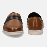 A cognac Men's bugatti Loafers featuring a round apron toe, zero heels heel. Made from premium genuine leather with a durable tpr outsole, this slip-on design offers both style and comfort.