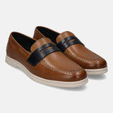 A cognac Men's bugatti Loafers featuring a round apron toe, zero heels heel. Made from premium genuine leather with a durable tpr outsole, this slip-on design offers both style and comfort.