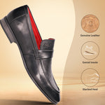 A black Men's bugatti Penny Loafer featuring a round apron toe, moulded  heel. Made from premium genuine leather with a durable high quality synthetic outsole, this slip-on design offers both style and comfort.