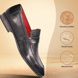 A black Men's bugatti Penny Loafer featuring a round apron toe, moulded  heel. Made from premium genuine leather with a durable high quality synthetic outsole, this slip-on design offers both style and comfort.