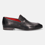 A black Men's bugatti Penny Loafer featuring a round apron toe, moulded  heel. Made from premium genuine leather with a durable high quality synthetic outsole, this slip-on design offers both style and comfort.