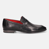 A black Men's bugatti Penny Loafer featuring a round apron toe, moulded  heel. Made from premium genuine leather with a durable high quality synthetic outsole, this slip-on design offers both style and comfort.