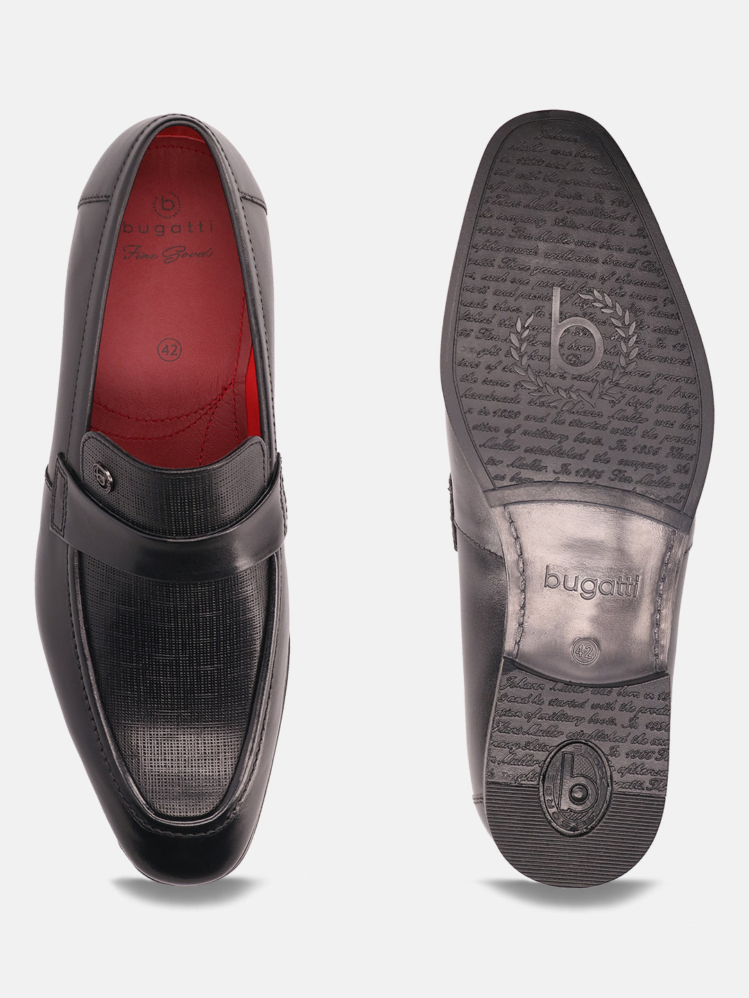 A black Men's bugatti Penny Loafer featuring a round apron toe, moulded  heel. Made from premium genuine leather with a durable high quality synthetic outsole, this slip-on design offers both style and comfort.