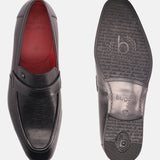 A black Men's bugatti Penny Loafer featuring a round apron toe, moulded  heel. Made from premium genuine leather with a durable high quality synthetic outsole, this slip-on design offers both style and comfort.