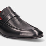 A black Men's bugatti Penny Loafer featuring a round apron toe, moulded  heel. Made from premium genuine leather with a durable high quality synthetic outsole, this slip-on design offers both style and comfort.