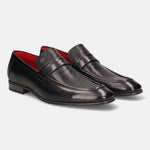A black Men's bugatti Penny Loafer featuring a round apron toe, moulded  heel. Made from premium genuine leather with a durable high quality synthetic outsole, this slip-on design offers both style and comfort.