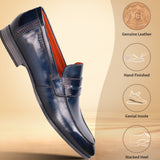 A blue Men's bugatti Penny Loafer featuring a round apron toe, moulded heel. Made from premium genuine leather with a durable high quality synthetic outsole, this slip-on design offers both style and comfort.