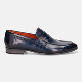A blue Men's bugatti Penny Loafer featuring a round apron toe, moulded heel. Made from premium genuine leather with a durable high quality synthetic outsole, this slip-on design offers both style and comfort.