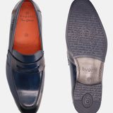 A blue Men's bugatti Penny Loafer featuring a round apron toe, moulded heel. Made from premium genuine leather with a durable high quality synthetic outsole, this slip-on design offers both style and comfort.