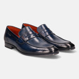 A blue Men's bugatti Penny Loafer featuring a round apron toe, moulded heel. Made from premium genuine leather with a durable high quality synthetic outsole, this slip-on design offers both style and comfort.