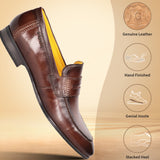 A brown Men's bugatti Penny Loafer featuring a round apron toe, moulded heel. Made from premium genuine leather with a durable high quality synthetic outsole, this slip-on design offers both style and comfort.