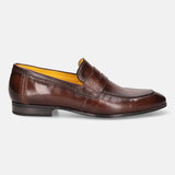 A brown Men's bugatti Penny Loafer featuring a round apron toe, moulded heel. Made from premium genuine leather with a durable high quality synthetic outsole, this slip-on design offers both style and comfort.