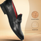 A black Men's bugatti Bit Loafer featuring a round toe apron toe, moulded heel. Made from premium genuine leather with a durable high quality synthetic outsole, this slip-on design offers both style and comfort.