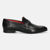 A black Men's bugatti Bit Loafer featuring a round toe apron toe, moulded heel. Made from premium genuine leather with a durable high quality synthetic outsole, this slip-on design offers both style and comfort.