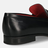 A black Men's bugatti Bit Loafer featuring a round toe apron toe, moulded heel. Made from premium genuine leather with a durable high quality synthetic outsole, this slip-on design offers both style and comfort.