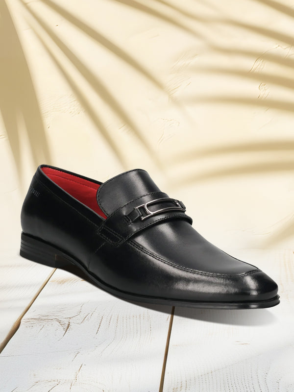 A black Men's bugatti Bit Loafer featuring a round toe apron toe, moulded  heel. Made from premium genuine leather with a durable high quality synthetic outsole, this slip-on design offers both style and comfort.