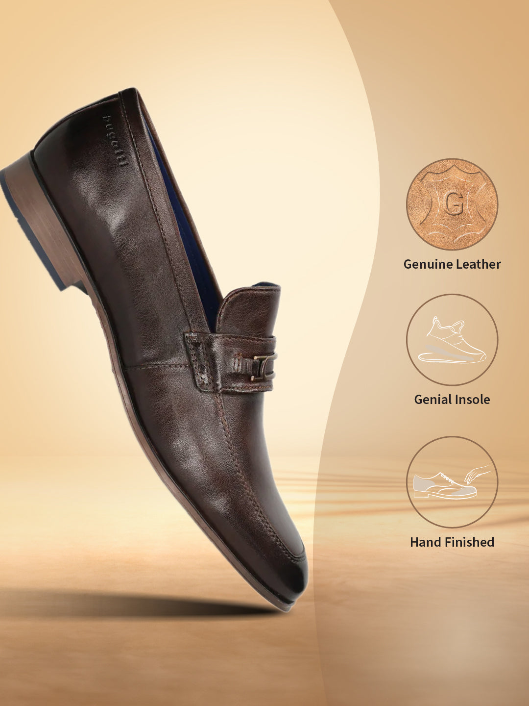 A brown Men's bugatti Bit Loafer featuring a round toe apron toe, moulded  heel. Made from premium genuine leather with a durable high quality synthetic outsole, this slip-on design offers both style and comfort.