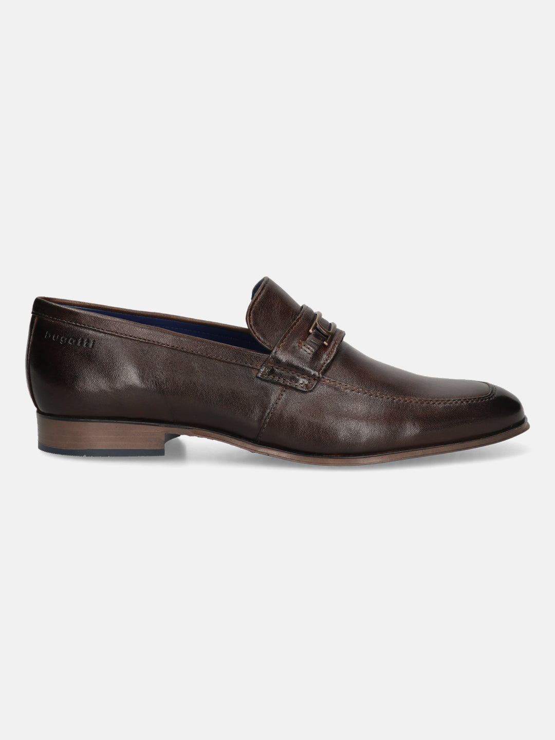 A brown Men's bugatti Bit Loafer featuring a round toe apron toe, moulded  heel. Made from premium genuine leather with a durable high quality synthetic outsole, this slip-on design offers both style and comfort.