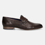 A brown Men's bugatti Bit Loafer featuring a round toe apron toe, moulded  heel. Made from premium genuine leather with a durable high quality synthetic outsole, this slip-on design offers both style and comfort.