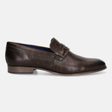 A brown Men's bugatti Bit Loafer featuring a round toe apron toe, moulded  heel. Made from premium genuine leather with a durable high quality synthetic outsole, this slip-on design offers both style and comfort.