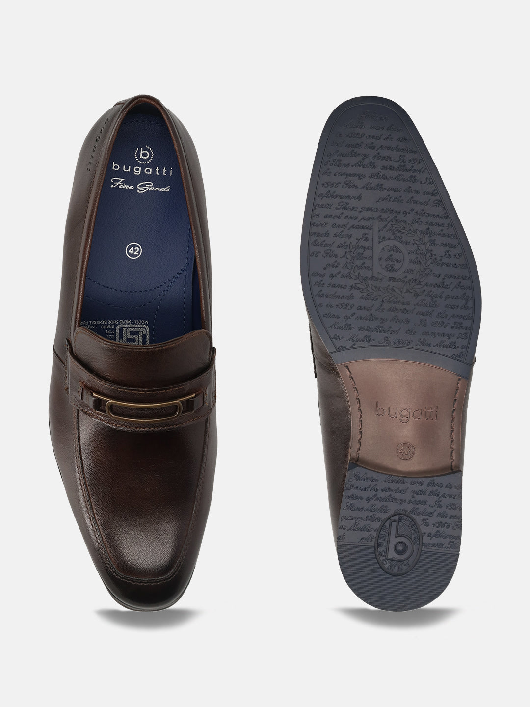 A brown Men's bugatti Bit Loafer featuring a round toe apron toe, moulded  heel. Made from premium genuine leather with a durable high quality synthetic outsole, this slip-on design offers both style and comfort.