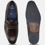 A brown Men's bugatti Bit Loafer featuring a round toe apron toe, moulded  heel. Made from premium genuine leather with a durable high quality synthetic outsole, this slip-on design offers both style and comfort.