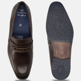 A brown Men's bugatti Bit Loafer featuring a round toe apron toe, moulded  heel. Made from premium genuine leather with a durable high quality synthetic outsole, this slip-on design offers both style and comfort.