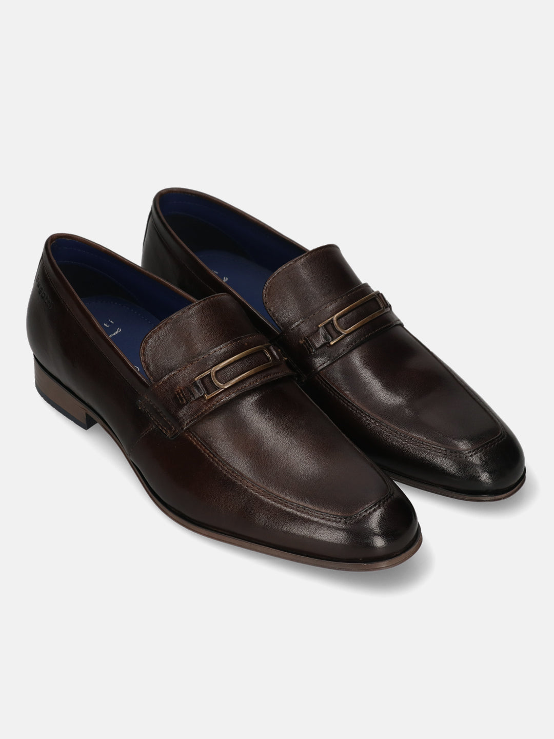 A brown Men's bugatti Bit Loafer featuring a round toe apron toe, moulded  heel. Made from premium genuine leather with a durable high quality synthetic outsole, this slip-on design offers both style and comfort.