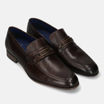 A brown Men's bugatti Bit Loafer featuring a round toe apron toe, moulded  heel. Made from premium genuine leather with a durable high quality synthetic outsole, this slip-on design offers both style and comfort.