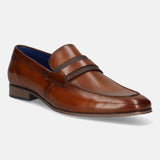 Men's Bugatti penny loafer cognac leather shoes with a round toe and apron toe featuring a moulded heel , a pvc outsole.