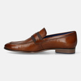 Men's Bugatti penny loafer cognac leather shoes with a round toe and apron toe featuring a moulded heel , a pvc outsole.
