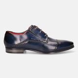 A blue Men's bugatti Derby featuring a round cap toe, moulded heel. Made from premium genuine leather with a durable high quality synthetic outsole, this laces design offers both style and comfort.