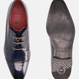 A blue Men's bugatti Derby featuring a round cap toe, moulded heel. Made from premium genuine leather with a durable high quality synthetic outsole, this laces design offers both style and comfort.