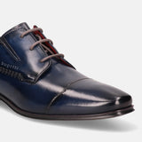 A blue Men's bugatti Derby featuring a round cap toe, moulded heel. Made from premium genuine leather with a durable high quality synthetic outsole, this laces design offers both style and comfort.
