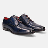 A blue Men's bugatti Derby featuring a round cap toe, moulded heel. Made from premium genuine leather with a durable high quality synthetic outsole, this laces design offers both style and comfort.