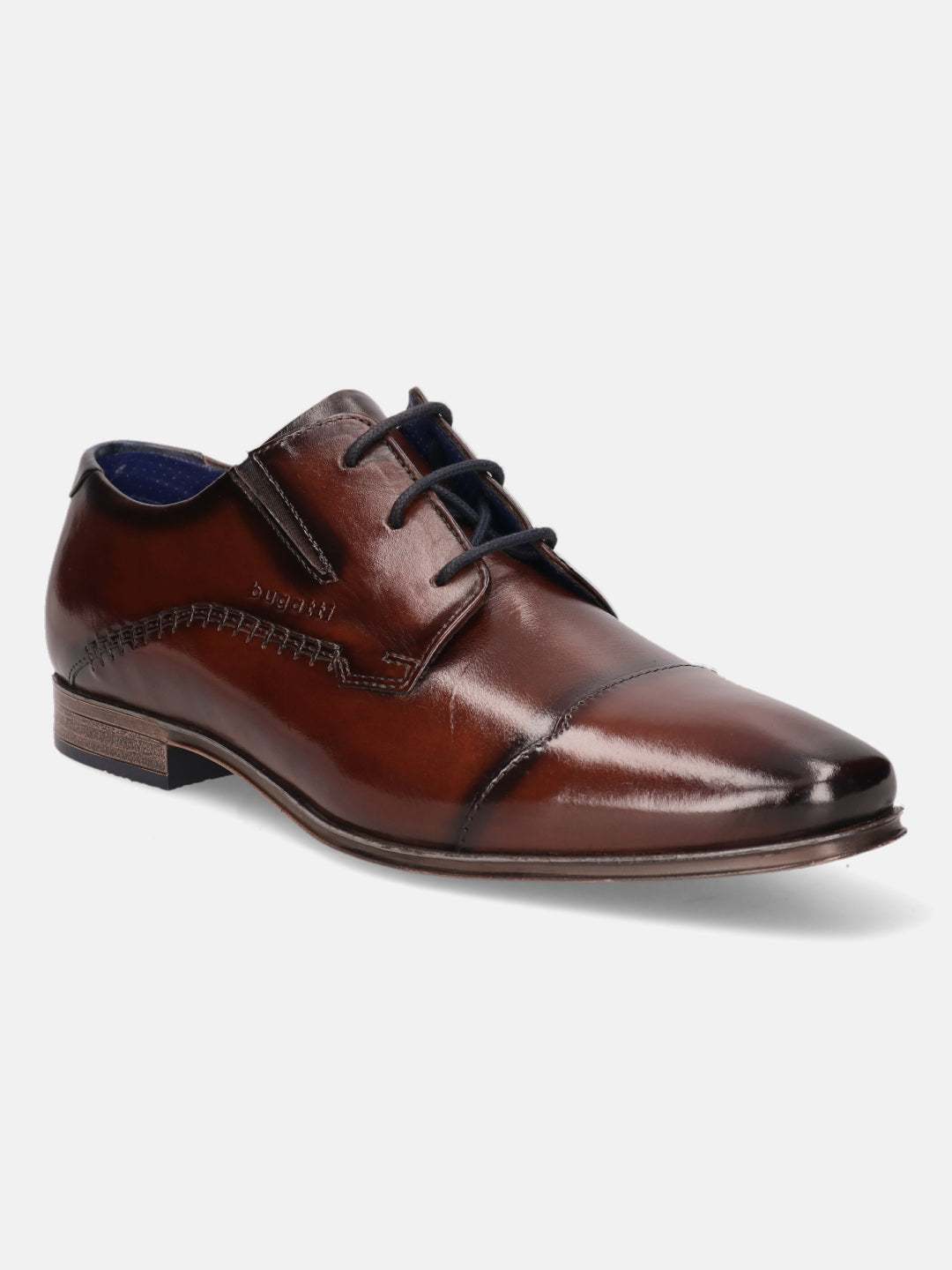 A brown Men's bugatti Derby featuring a round cap toe, moulded  heel. Made from premium genuine leather with a durable high quality synthetic outsole, this laces design offers both style and comfort.